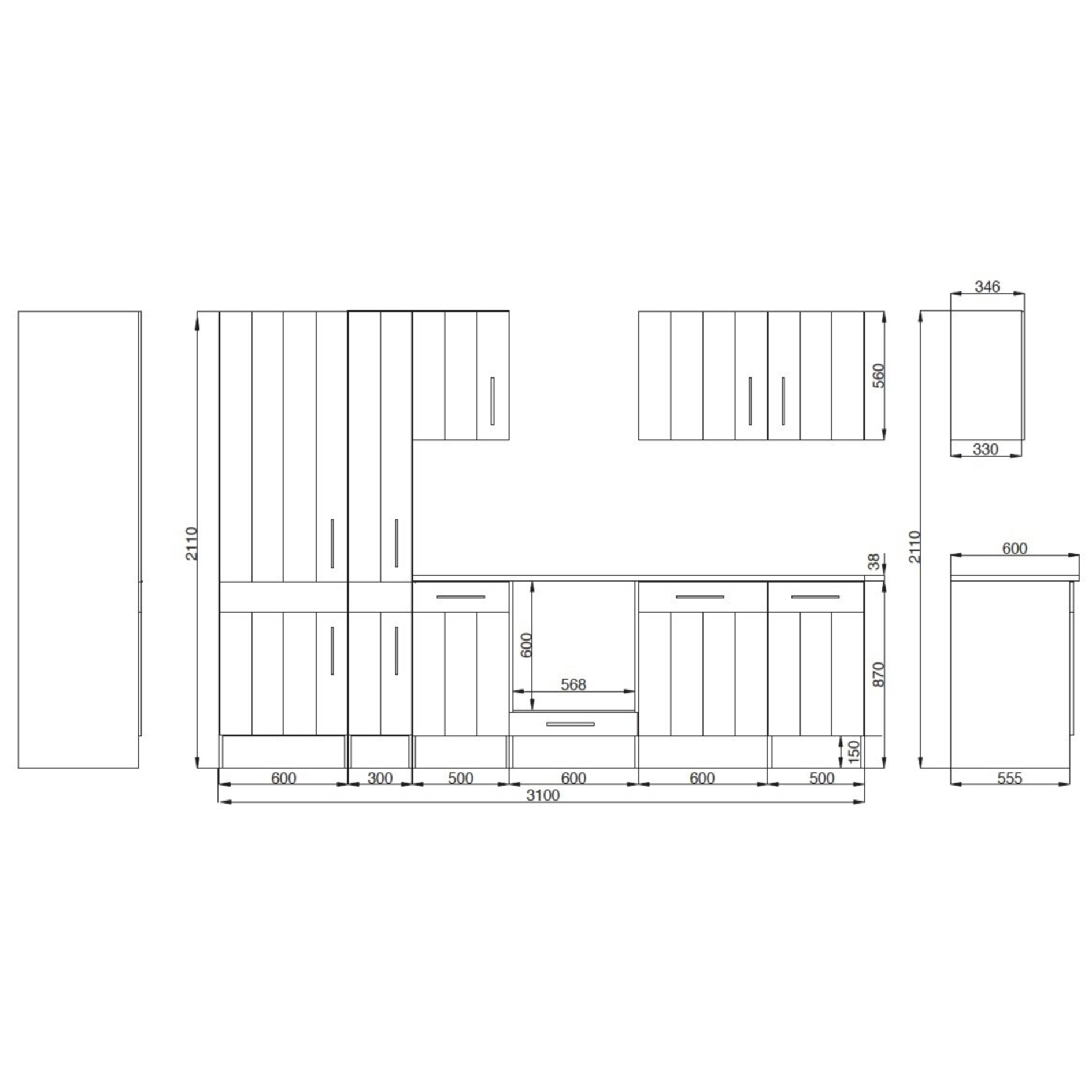 RESPEKTA Küchenblock - Lärche weiß - mit E-Geräten - 310 cm