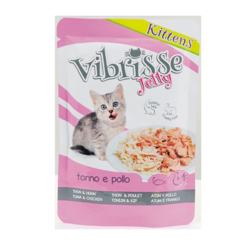 Sachê de gelatina Vibrisse Kitten com atum e frango para gatos.