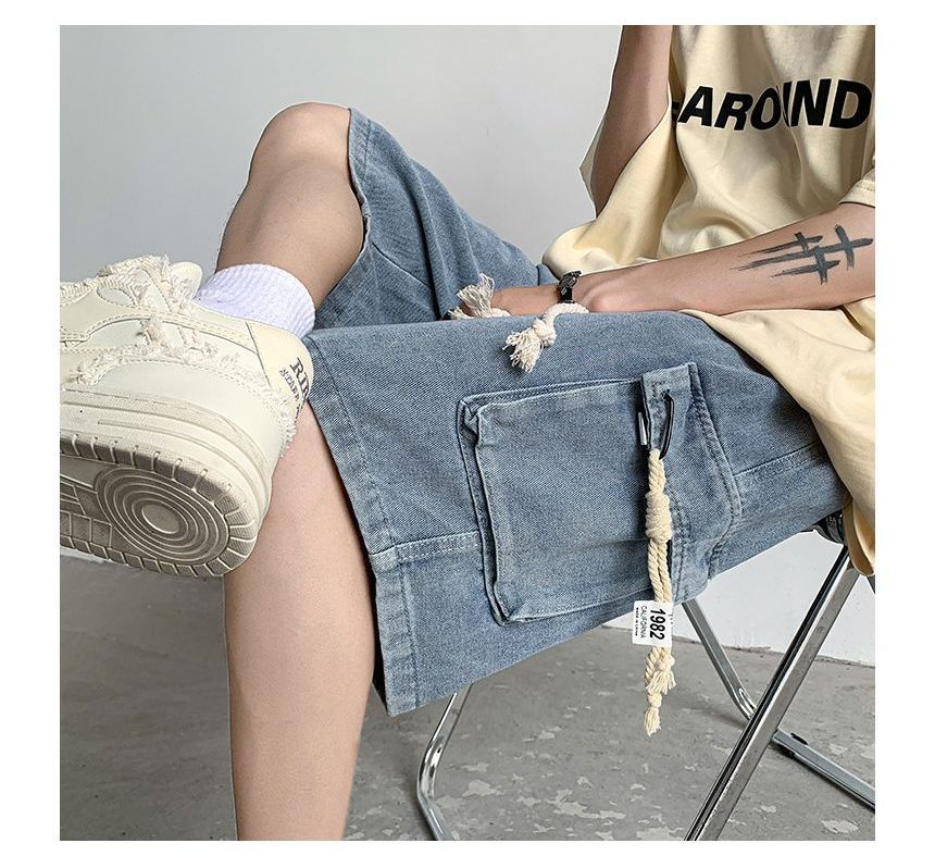 Femilina - Mid Rise Washed Denim Cargo Shorts
