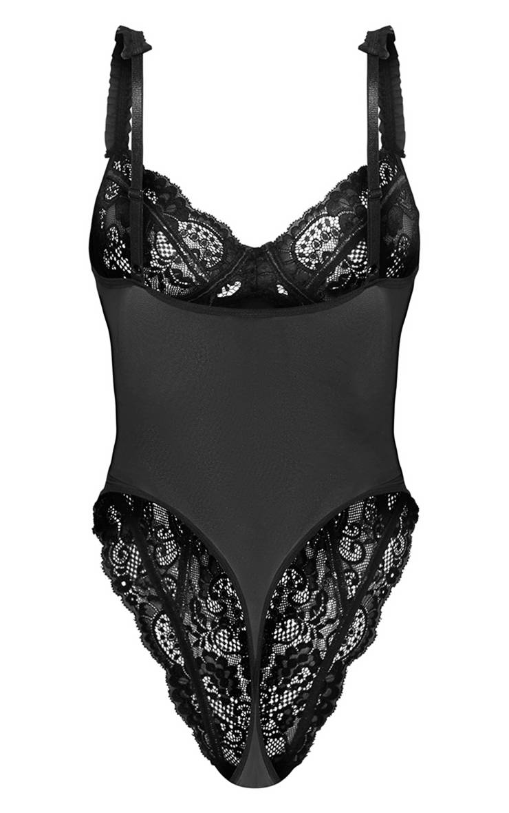 Noir Body En Dentelle À Panneaux Avec Détails De Volants En Mesh