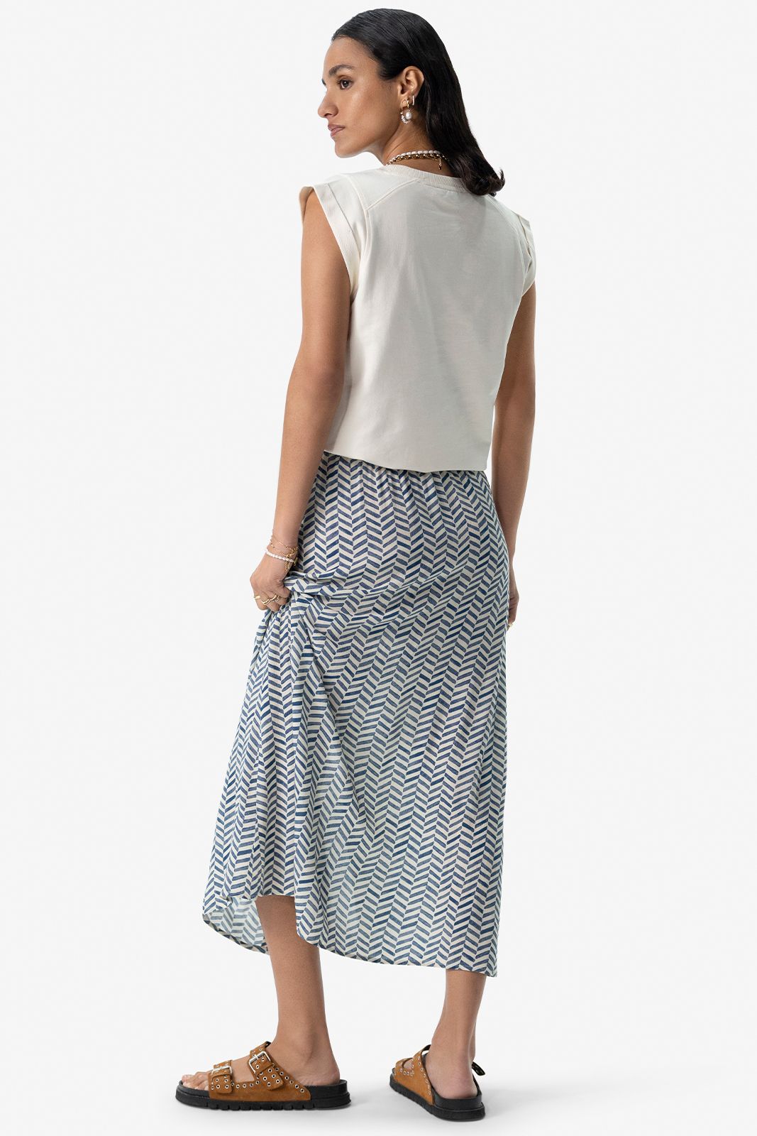 Blauwe midi rok met print
