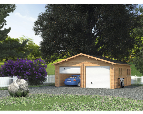 Dubbele garage Palmako Roger, 28,4 m², met sectionaaldeuren 575 x 510 cm, bruin gegrond
