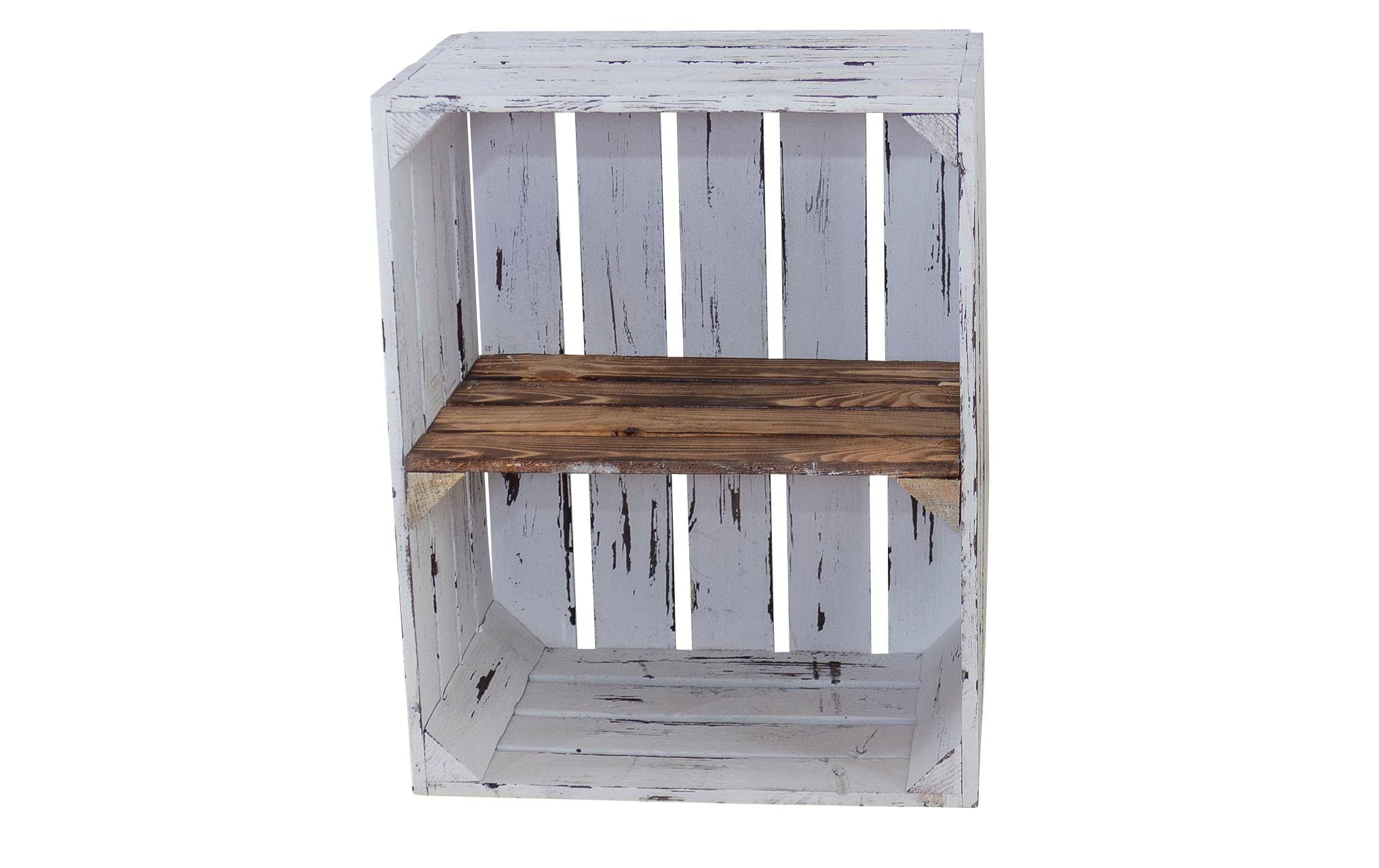 Holzharasse mit Zwischenboden Weiss, geflammtRegalkiste mit Tablar