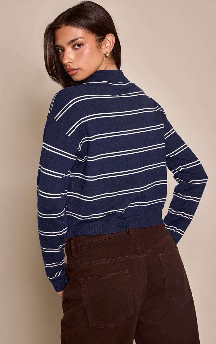Bleu Marine Synthétiquell Polo Tricoté À Rayures Et Manches Longues