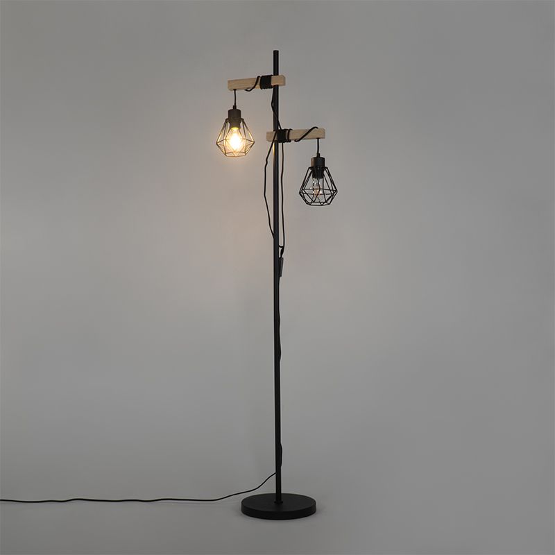 Landelijke vloerlamp zwart met hout 2-lichts - Chon
