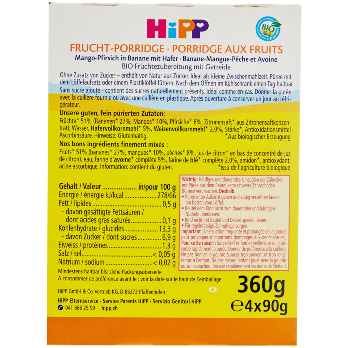 Hipp Bio Frucht-Porridge Mango & Pfirsich & Banane & Hafer 6+ Monate