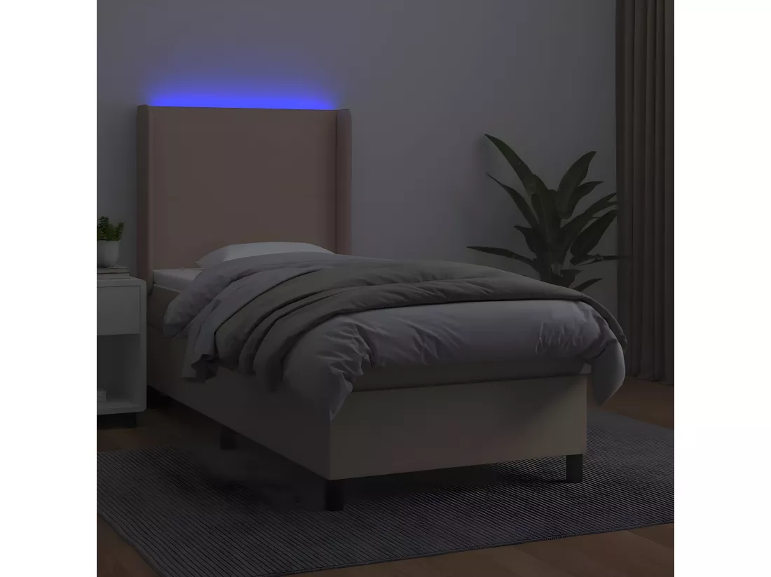 Sommier tapissier matelas et LED Cappuccino 90x200cm Similicuir