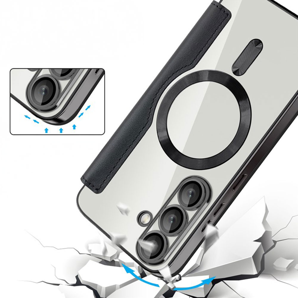 Samsung Galaxy S25  Plus Hybrid Leder Tasche   Kunststoff Rückseite MagSafe-Modul mit Steppmuster (RFID Schutz) - Schwarz / Transparent