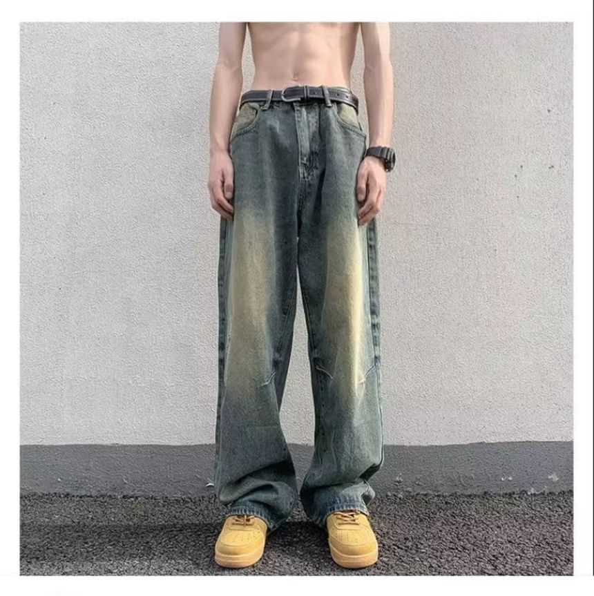 Kimeya - Low Rise Washed Distressed Wide Leg Jeans