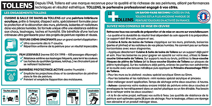 Peinture cuisine et salle de bains Tollens blanc artique satin 2L5