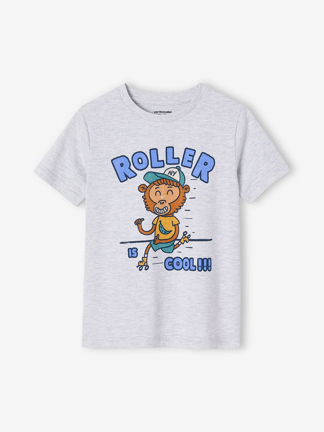 Camiseta infantil masculina com estampa divertida de animais, cinza mesclado.