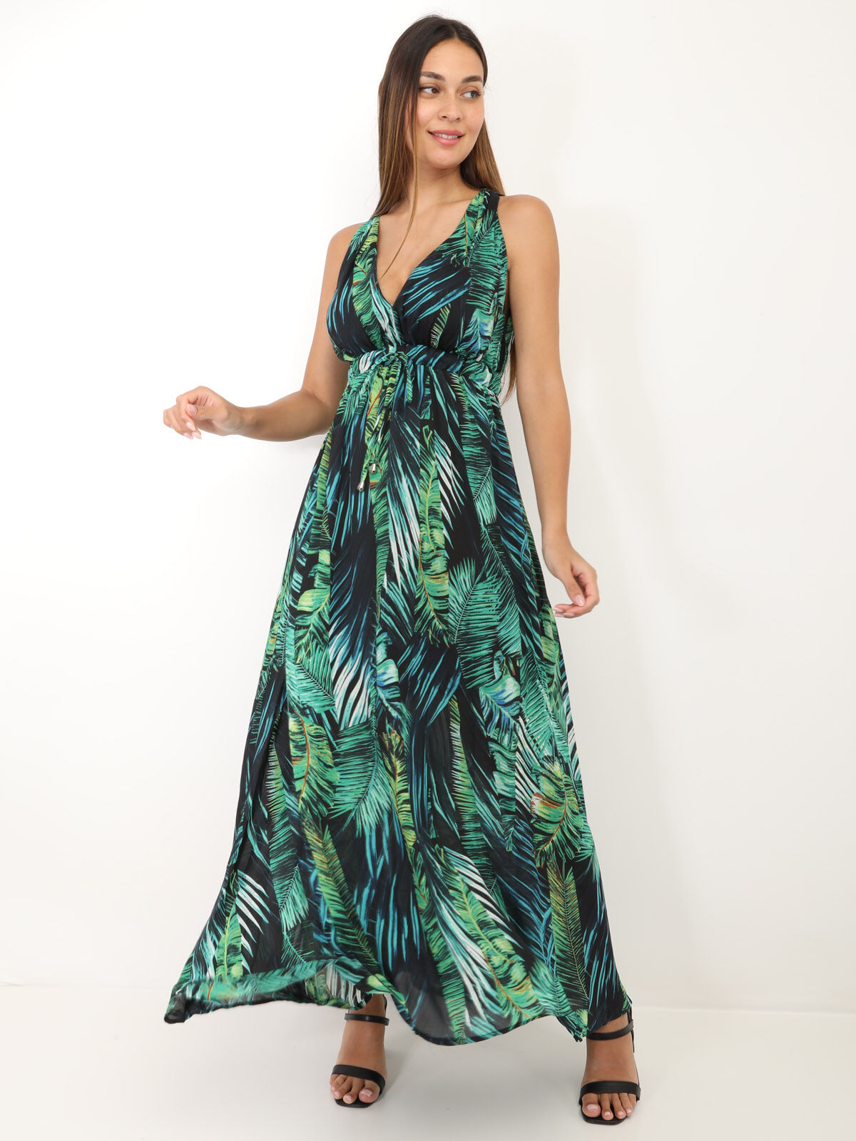 Robe longue à imprimé tropical- Vert
