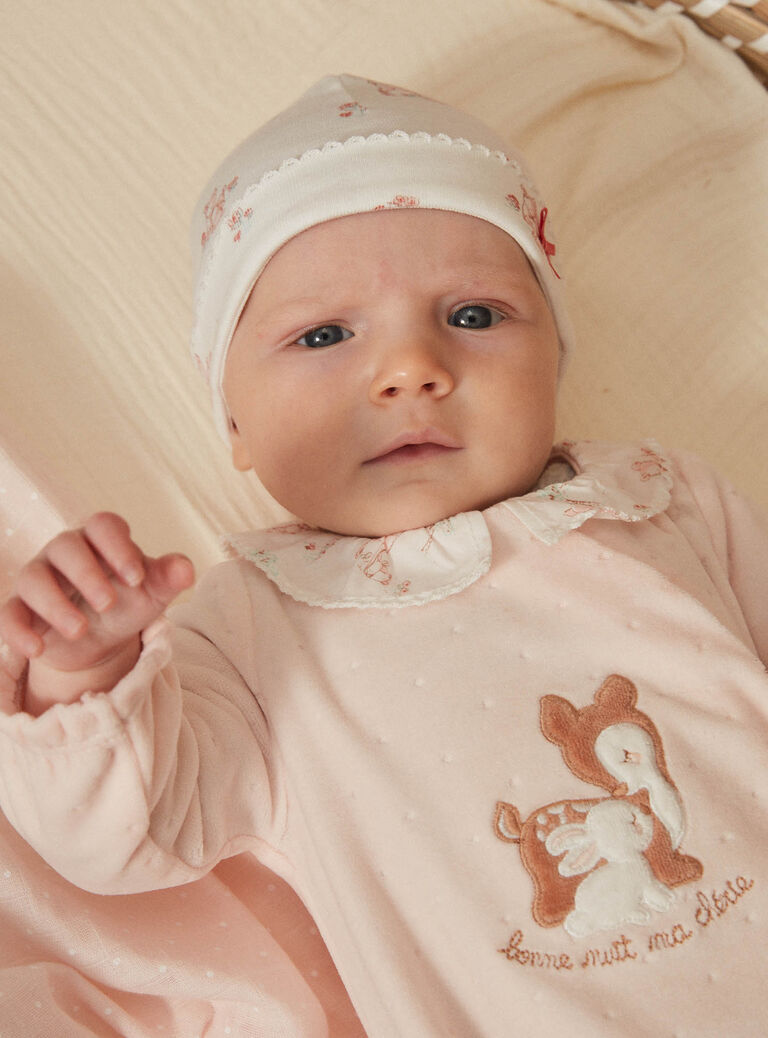 Grenouillère rose en velours dévoré en coton biologique et polyester recyclé