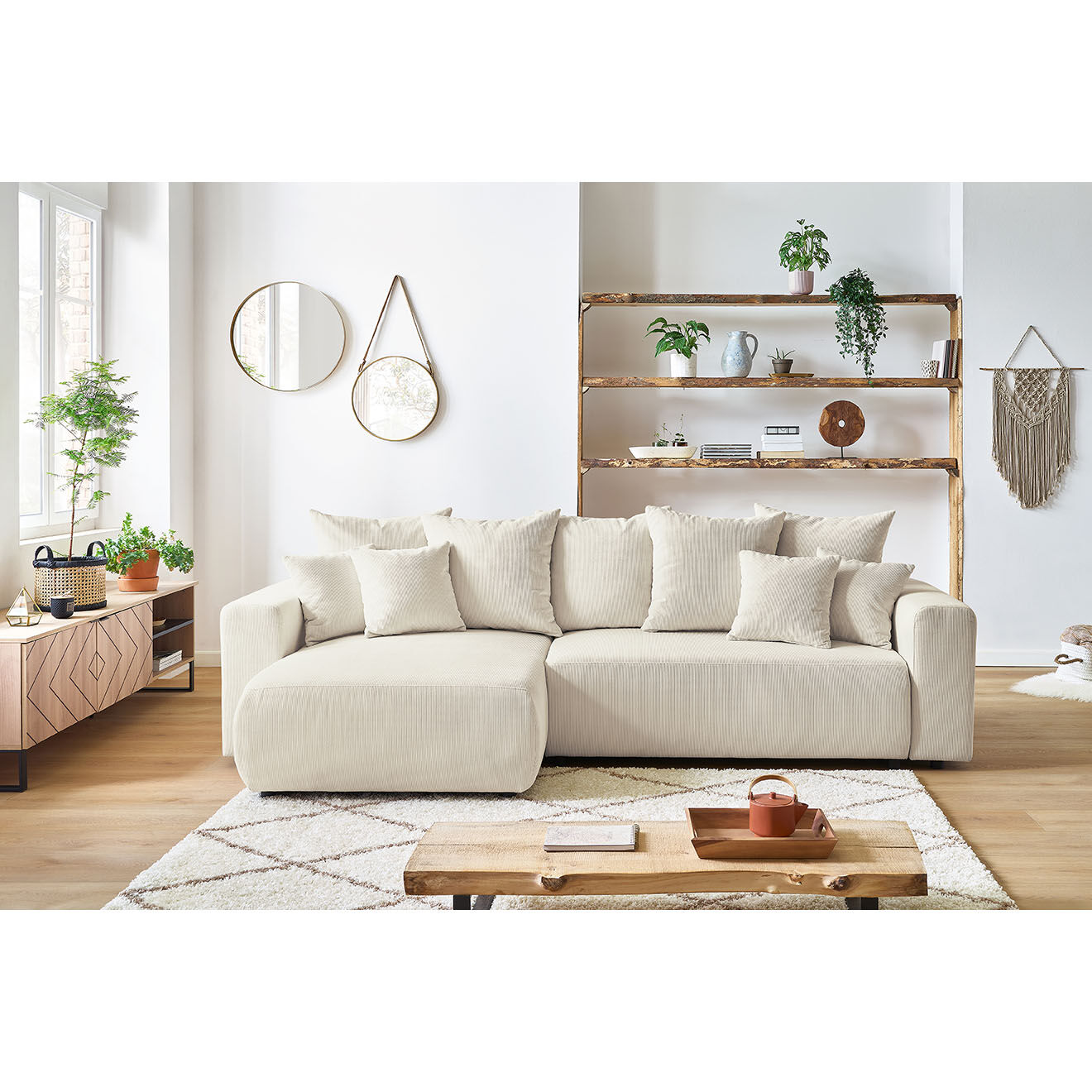 Bobochic Canapé d'angle convertible reversible velours côtelé Envy beige - 282x153x95 cm