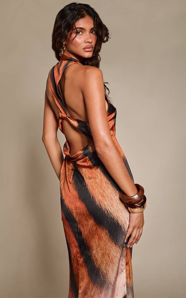 Orange Robe Longue Satinée À Imprimé Animal Avec Dos Torsadé