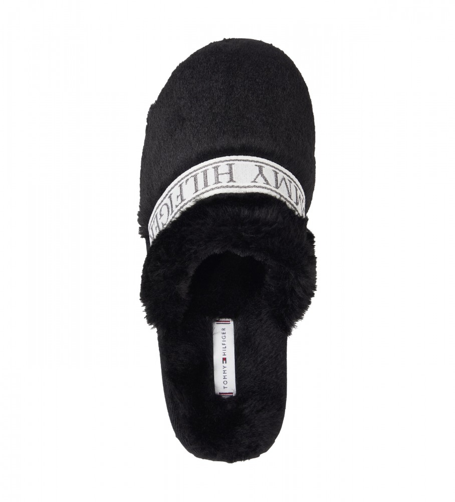Chinelo de hotel Tommy Hilfiger com forro de pele, preto.