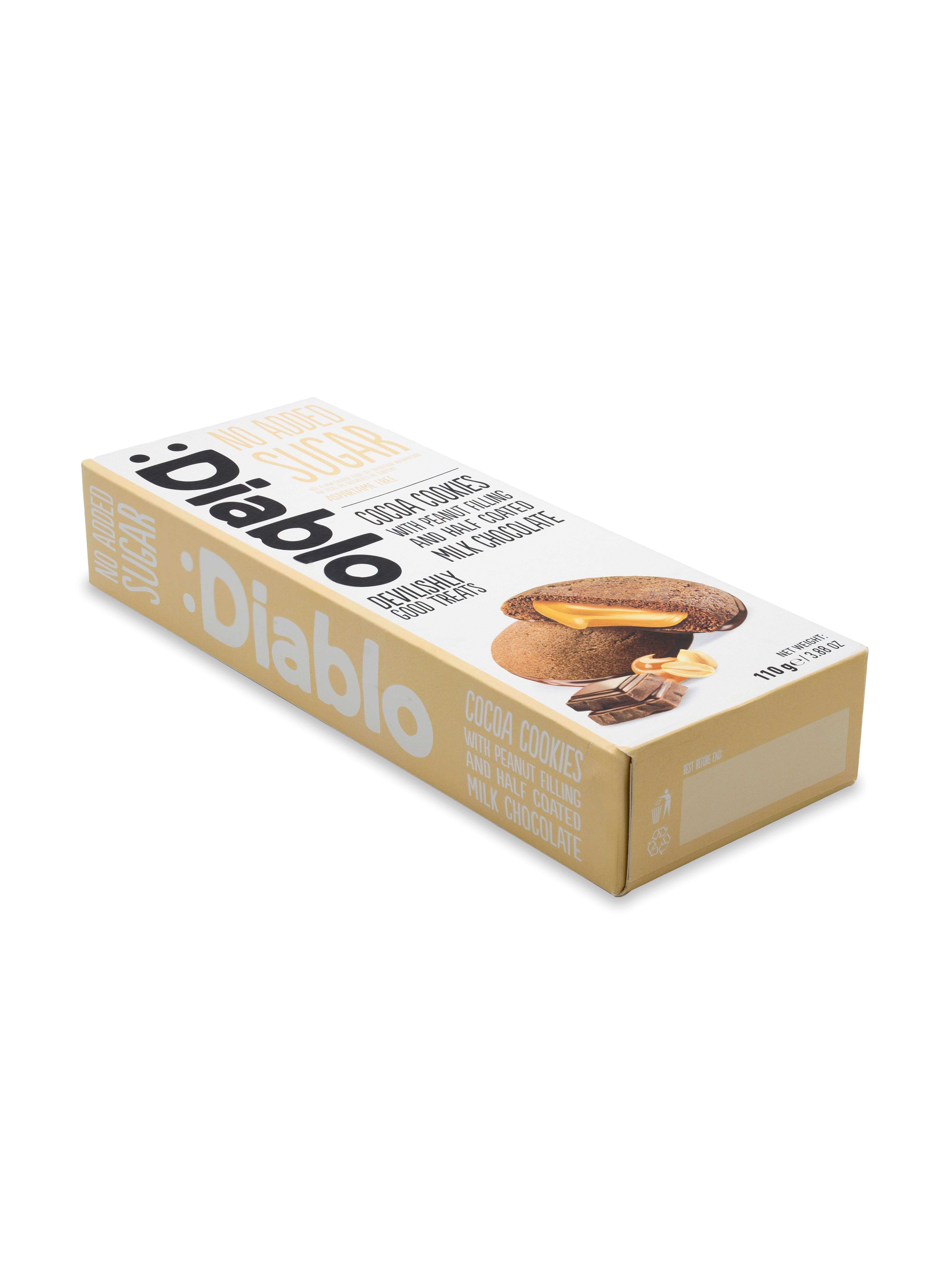 :Diablo No Added Sugar Cocoa Cookies with Peanut Filling and Milk Chocolate