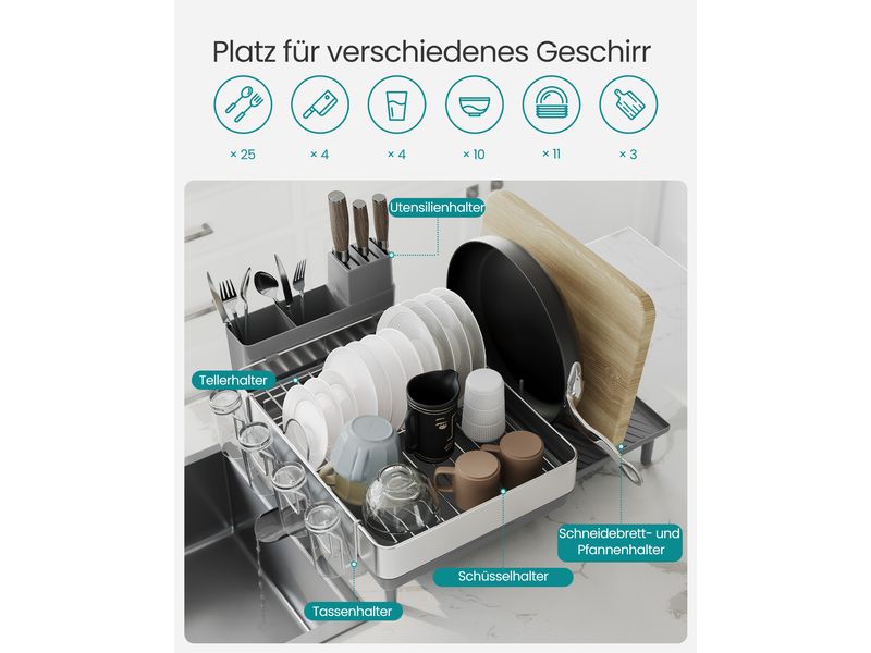 Songmics Abtropfgestell Grey Geschirr-Abtropfständer mit Haltern für Besteck