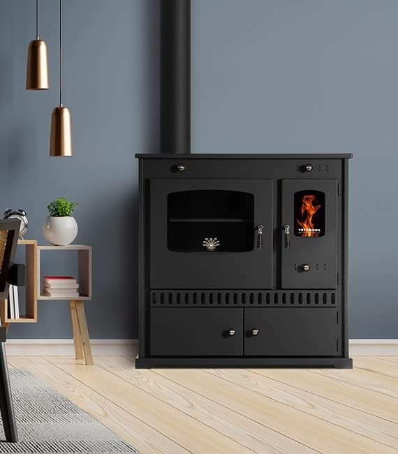 Prometey EEK A+ Kaminofen mit Backfach und Herdplatte Perfect Eco Schwarz Rechts Holzofen 7 kW Kamin Ofen Holz Werkstattofen Hüttenofen Heizofen Gartenofen, L