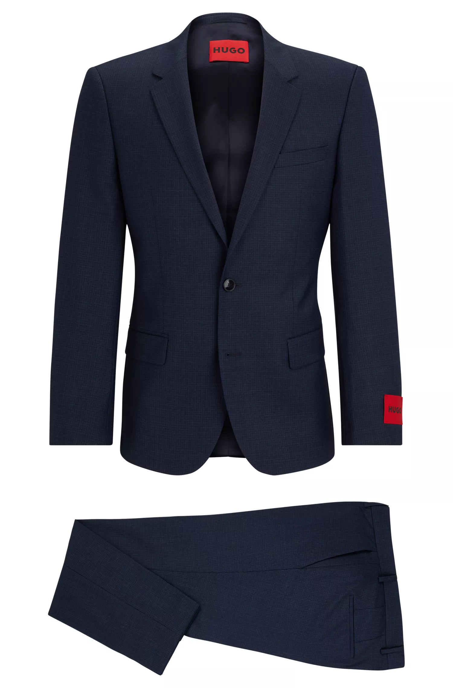 Terno HUGO vermelho, corte slim, em lã elástica estampada.