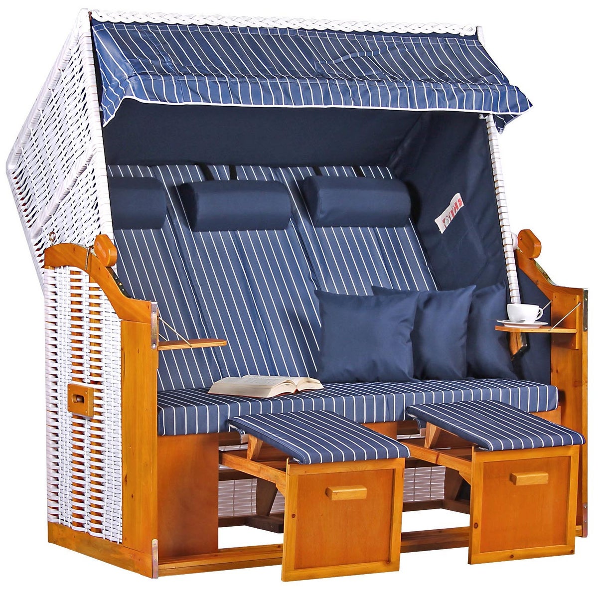Baltische driezits strandstoel, PE wit, Royal Blue design
