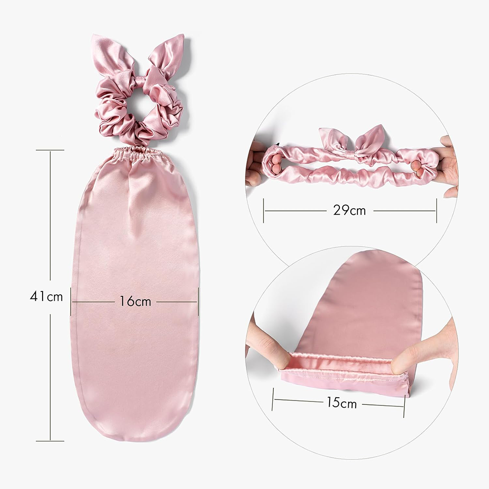 (2-tlg. Set) Satin Nacht Mütze Haar Schlafhaube für langen Pferdeschwanz inkl. Scrunchie - Schwarz