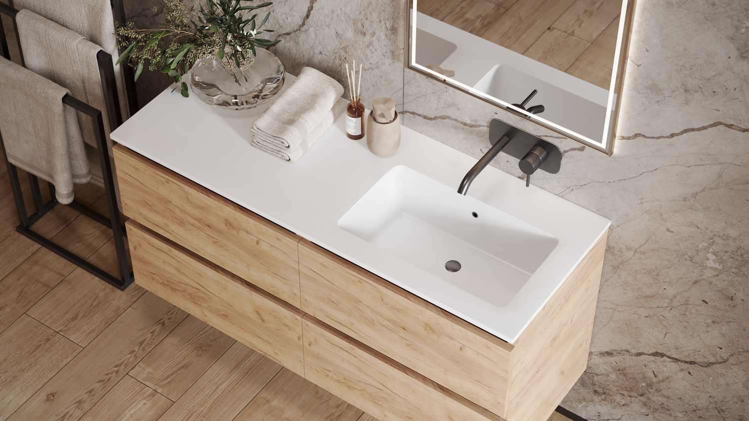 Saniclear Cosmos fine stone wastafel rechts 120x46cm zonder kraangat mat wit