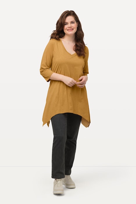 Shirt, Zipfelsaum, V-Ausschnitt, 3/4-Arm, Biobaumwolle