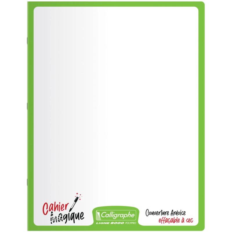 Cahier Magique 8000 POLYPRO couverture ardoise double-face effaçable piqué 17x22cm 48 pages grands carreaux (Seyès tricolore) - Vert