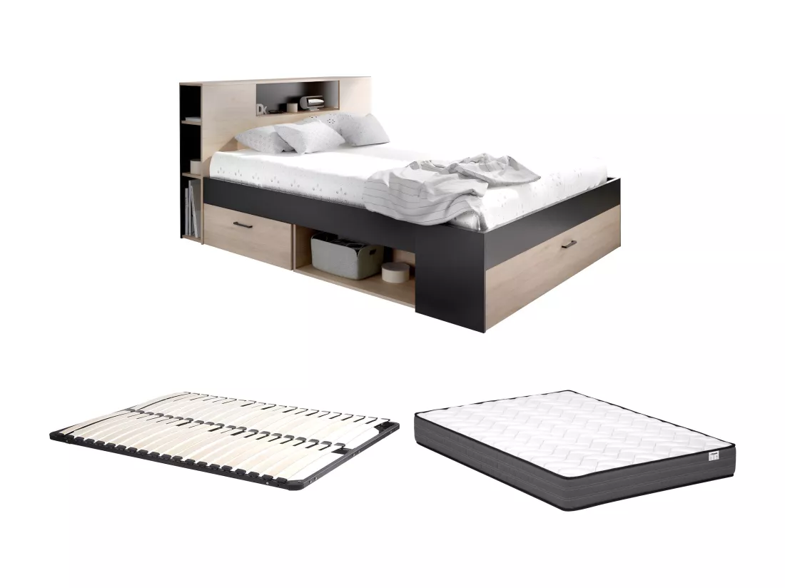 Lit avec tête de lit rangements et tiroirs - 160 x 200 cm - Coloris : Naturel et anthracite + Sommier + Matelas - LEANDRE