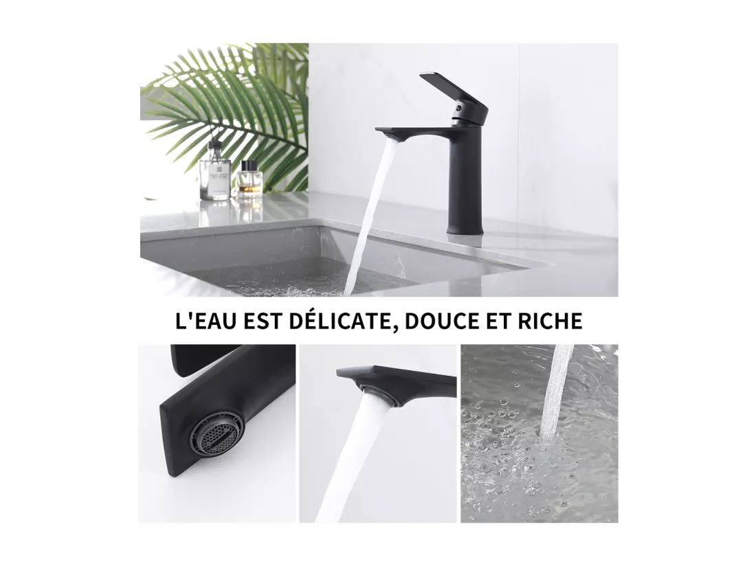Robinet Salle de Bain Mitigeur Lavabo Noir Mono-trou Robinetterie Lave-mains pour Salle de Bain en Acier Inox Design Elégant