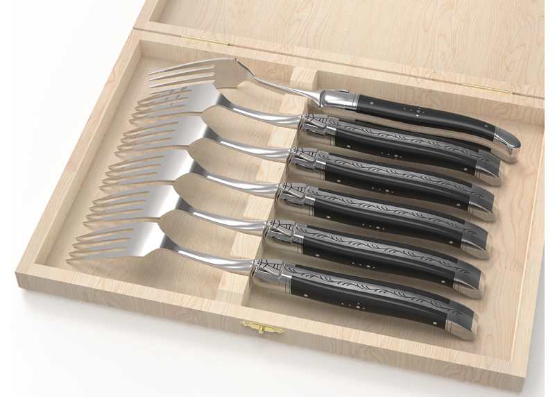 Service de 6 fourchettes Laguiole avec un manche en bois d'ébène et mitres en acier inoxydable