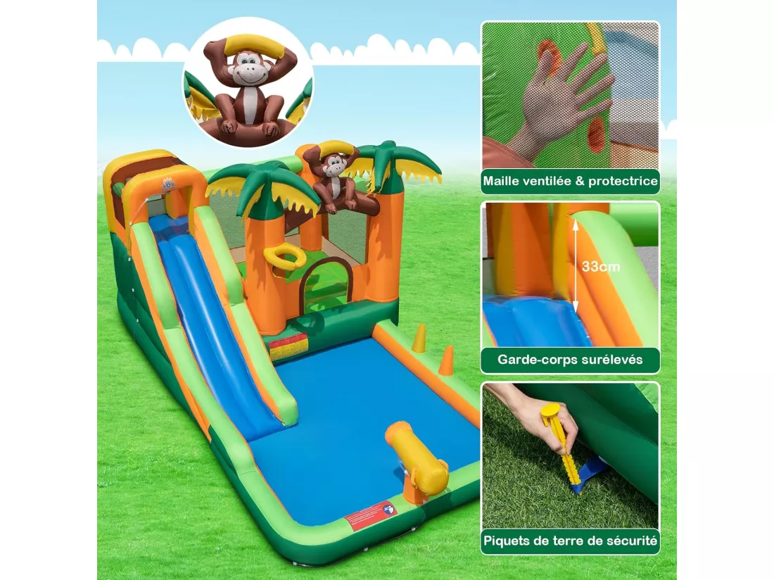 Château Gonflable Tropical à Thème Singe & Palmier avec Toboggan Aquatique, Maison de Saut Gonflable avec Piscine & 50 Boules, Charge 90kg pour 2 Enfants de 3-10 Ans（avec souffleur 680W