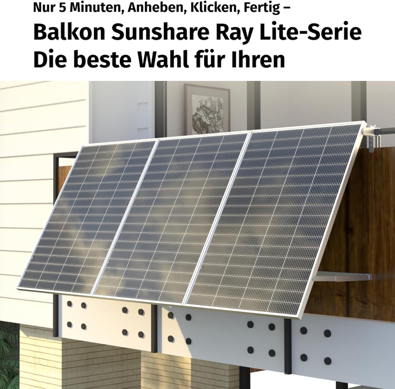 Ray Lite 1000W Balkonkraftwerk mit Halterung – Leichtes, vormontiertes Komplettset mit 800W Mikro-Wechselrichter & Solarpanel – Geeignet für verschiedene Balkone – Plug & Play