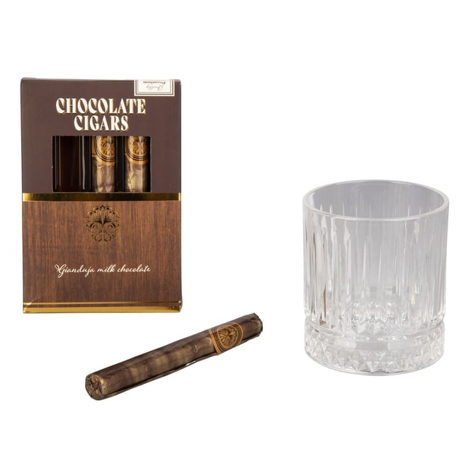 Gentleman Geschenkset - Whiskeyglas und 3 Schokozigarren