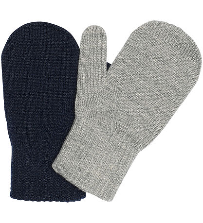 Melton Fäustlinge - 2er-Pack - Light Grey Melange/Blau