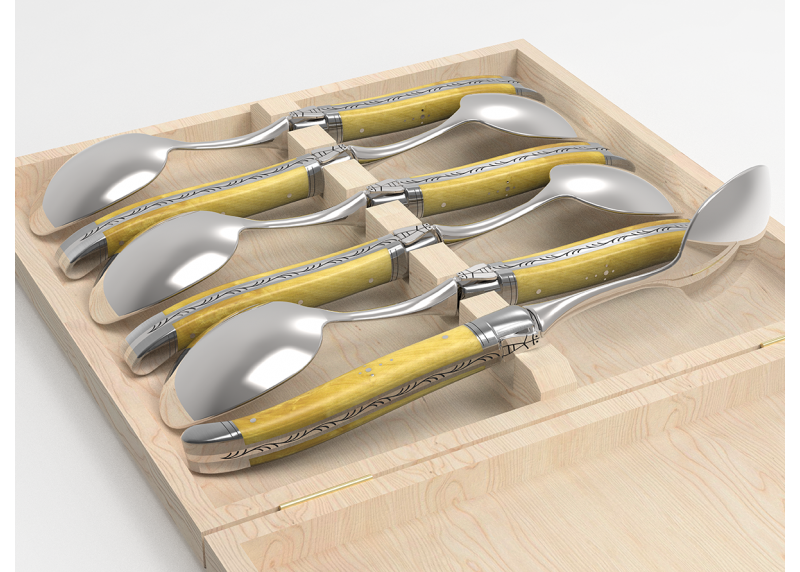 Service de 6 petites cuillères Laguiole avec un manche en buis et mitres en acier inoxydable