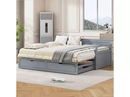 Lit gigogne multifonctionnel 2 en 1 90 (180) x 190, avec lit en pin, tiroirs , Gris