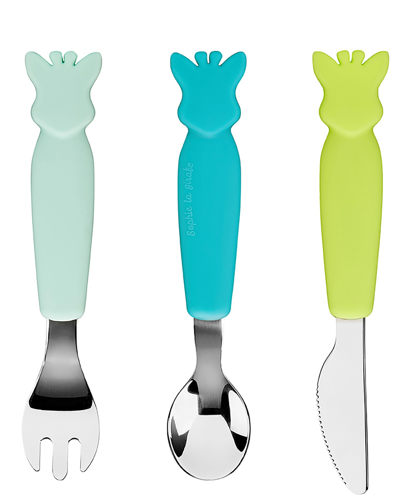 Silikon-Besteck-Set SOPHIE LA GIRAFE® - SILHOUETTE 3-teilig in grün/blau