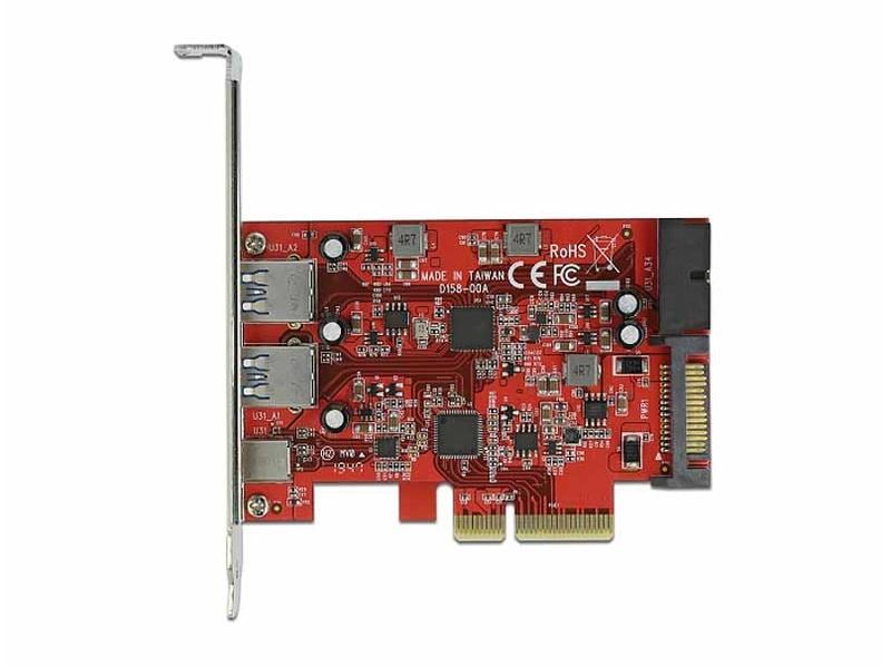 Delock PCI-Express-Karte USB-C / USB-A / intern USB 5 Gbps Delock PCI Express x4 Karte zu 1 x extern USB Type-C Buchse   2 x extern USB Typ-A Buchse SuperSpeed USB 10 Gbps   1 x intern USB 5 Gbps Pfostenstecker