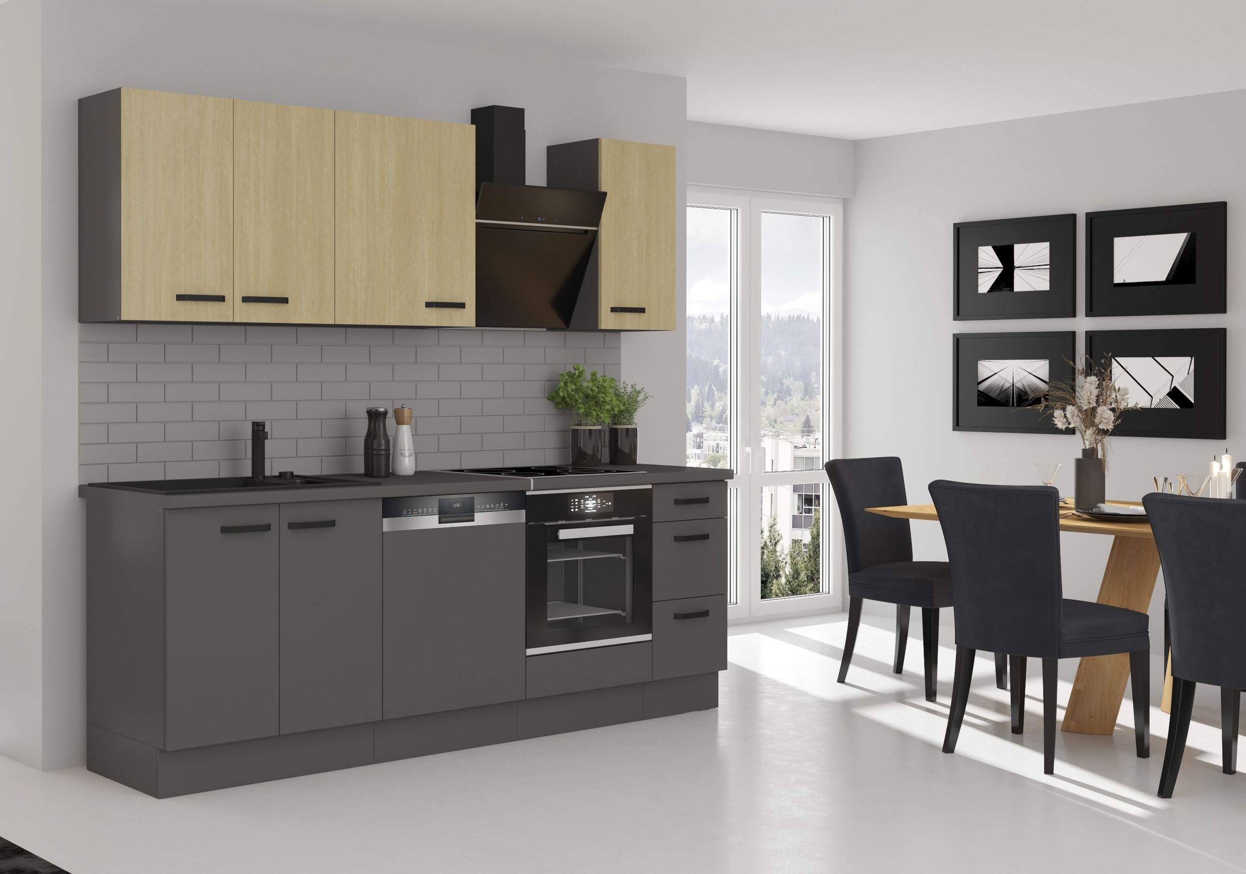Küche NESSA + SCANDI Basic 240 cm Fischgrät Optik Grau Küchenzeile Küchenblock