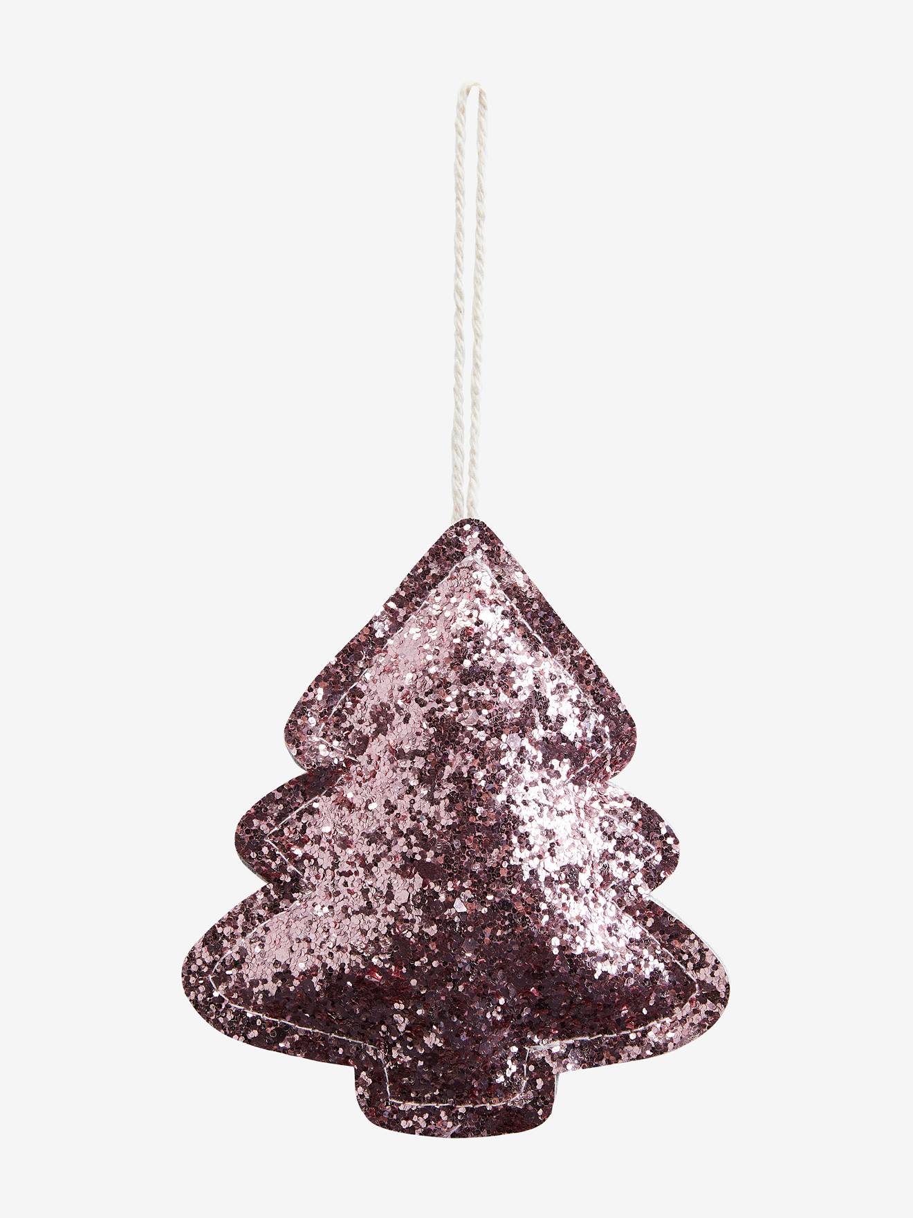 Conjunto de 4 enfeites de Natal lisos rosa escuro com glitter e motivos natalinos.