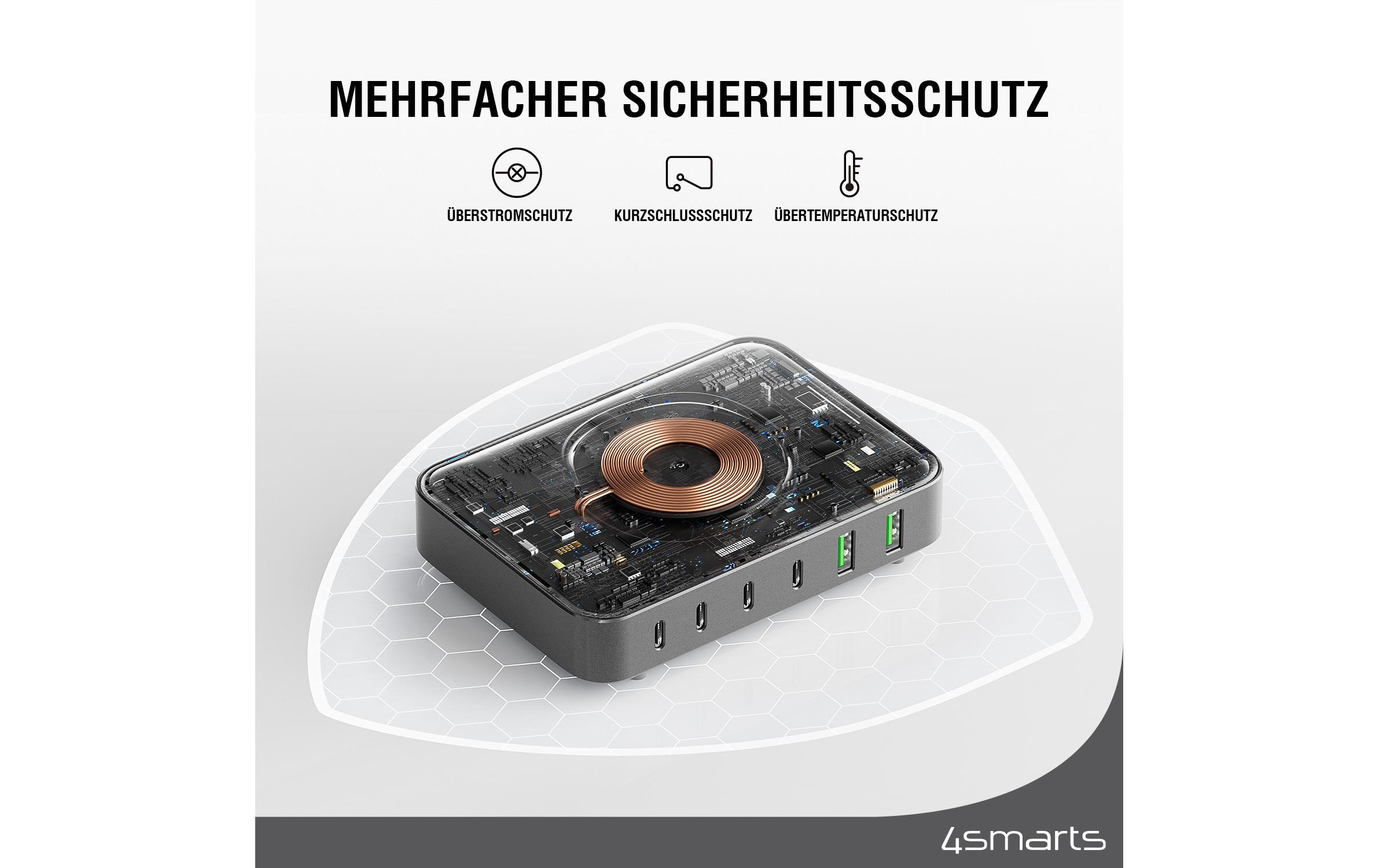 7in1 GaN Ladestation Schwarz7-Port Ladestation mit Schnellladefunktion und integrierter kabelloser Ladefläche