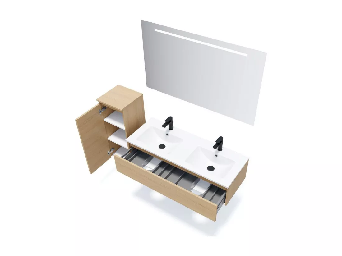 Meuble de salle de bain suspendu double vasque intégrée 120cm 1 tiroir Chêne clair - Hudson