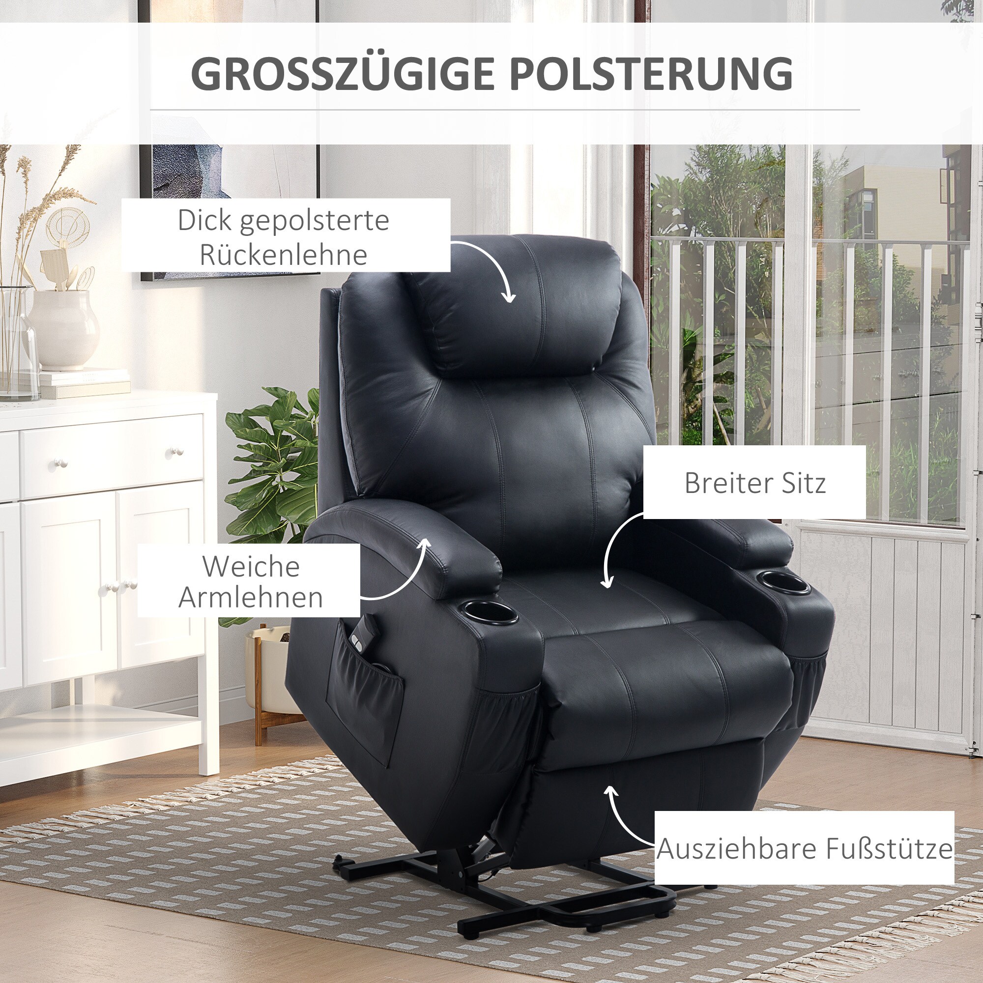 HOMCOM Fernsehsessel 2-in-1-Design, Becherhalter auf beiden Seiten, Sessellift Schwarz 84 x 92 x 109 cm (BxTxH)