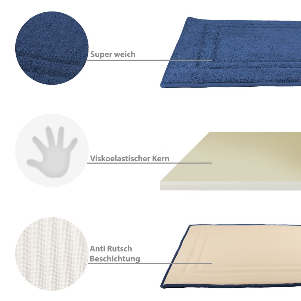 PANA® Viskoelastische Frottee Badematte • Hochflor Badvorleger • Duschvorleger mit viskoelastischem Memoryschaum • rutschfest und saugstark • Größe: 50 x 80 cm • versch. Farben