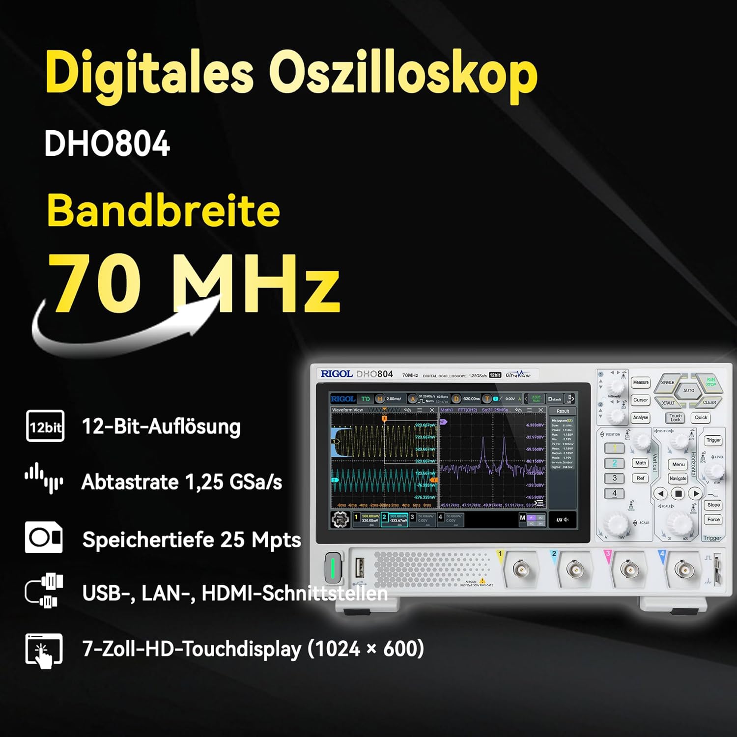 RIGOL Oszilloskop,DHO804 Tragbares Digitales Oscilloscope,70MHz Bandbreite,4 analoge Kanäle,12bit vertikale Auflösung,niedriges Grundrauschen,Unterstützung für mobile Netzteile