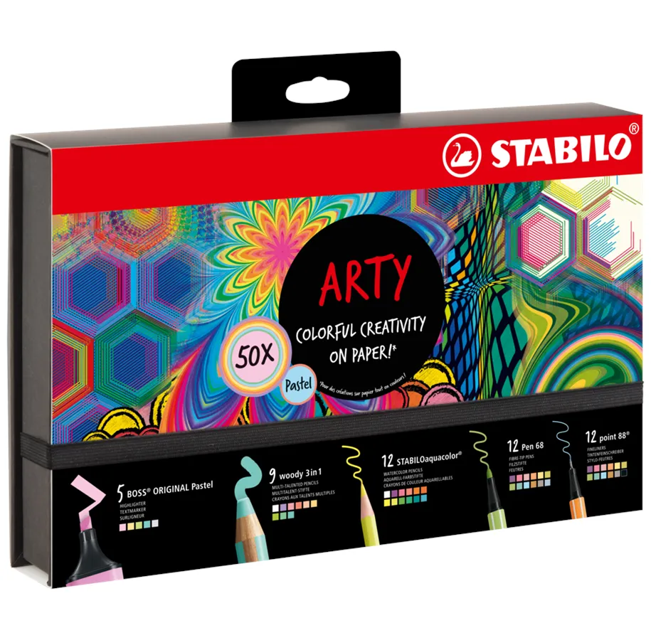 Gaveæske Stabilo Arty pastel sortiment - med 50 dele
