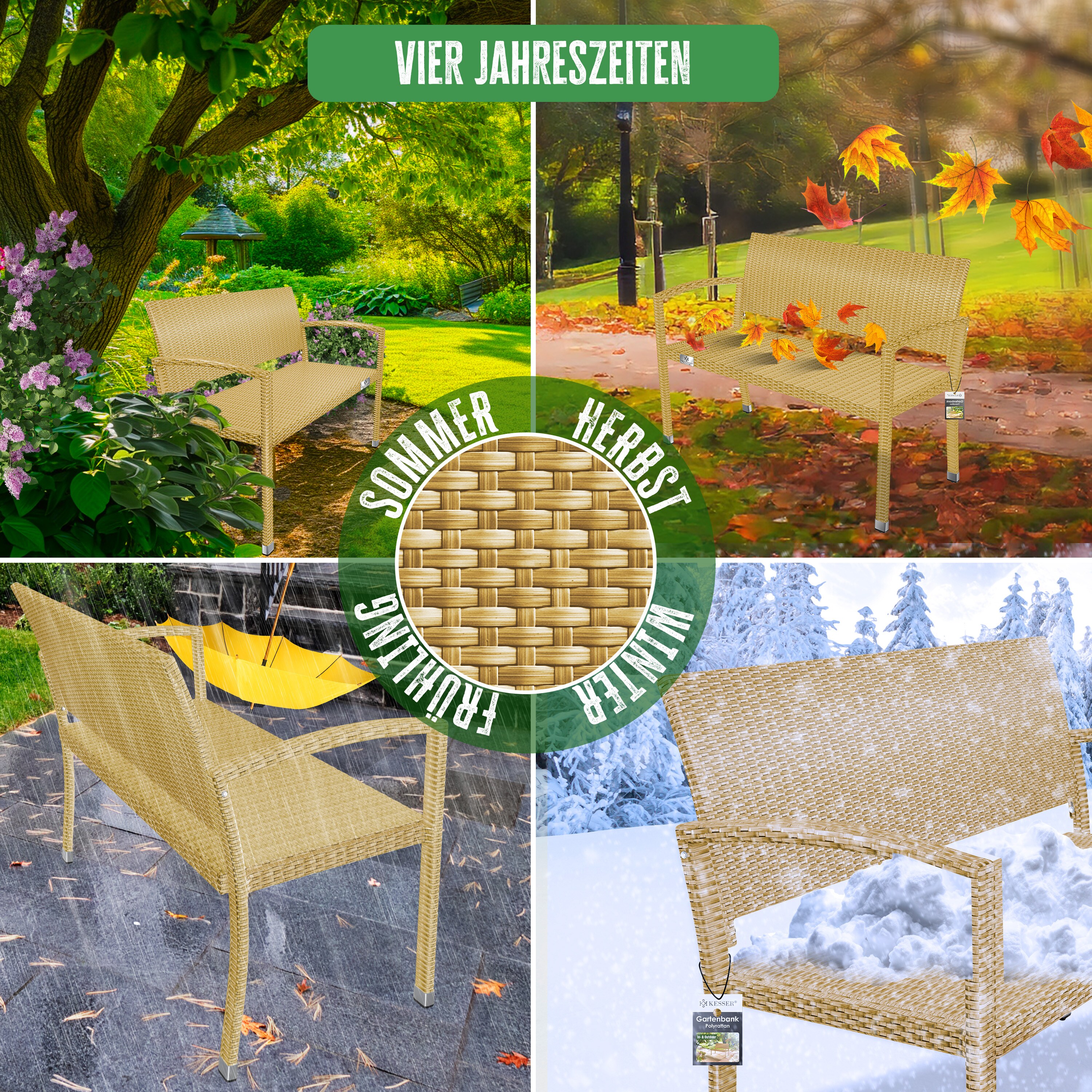 KESSER® Gartenbank Polyrattan 2-Sitzer Wetterfest | Rattan-Sitzbank UV-Beständig & bis 320kg belastbar | Balkon-Bank 125x62x90cm | Garten-Möbel mit ergonomischen Armlehnen | Für 2 Personen
