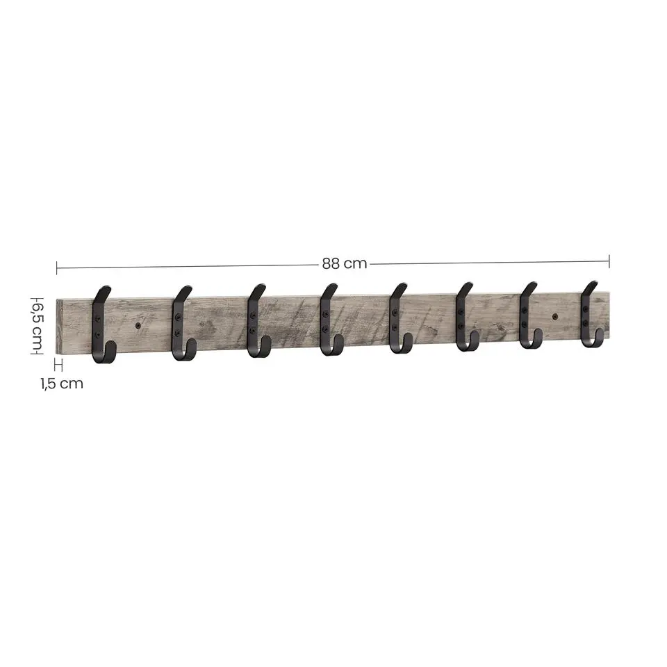 Lange Muur Kapstok - 8 Zwarte Haken - 88 cm - grijze Eik Kleur
